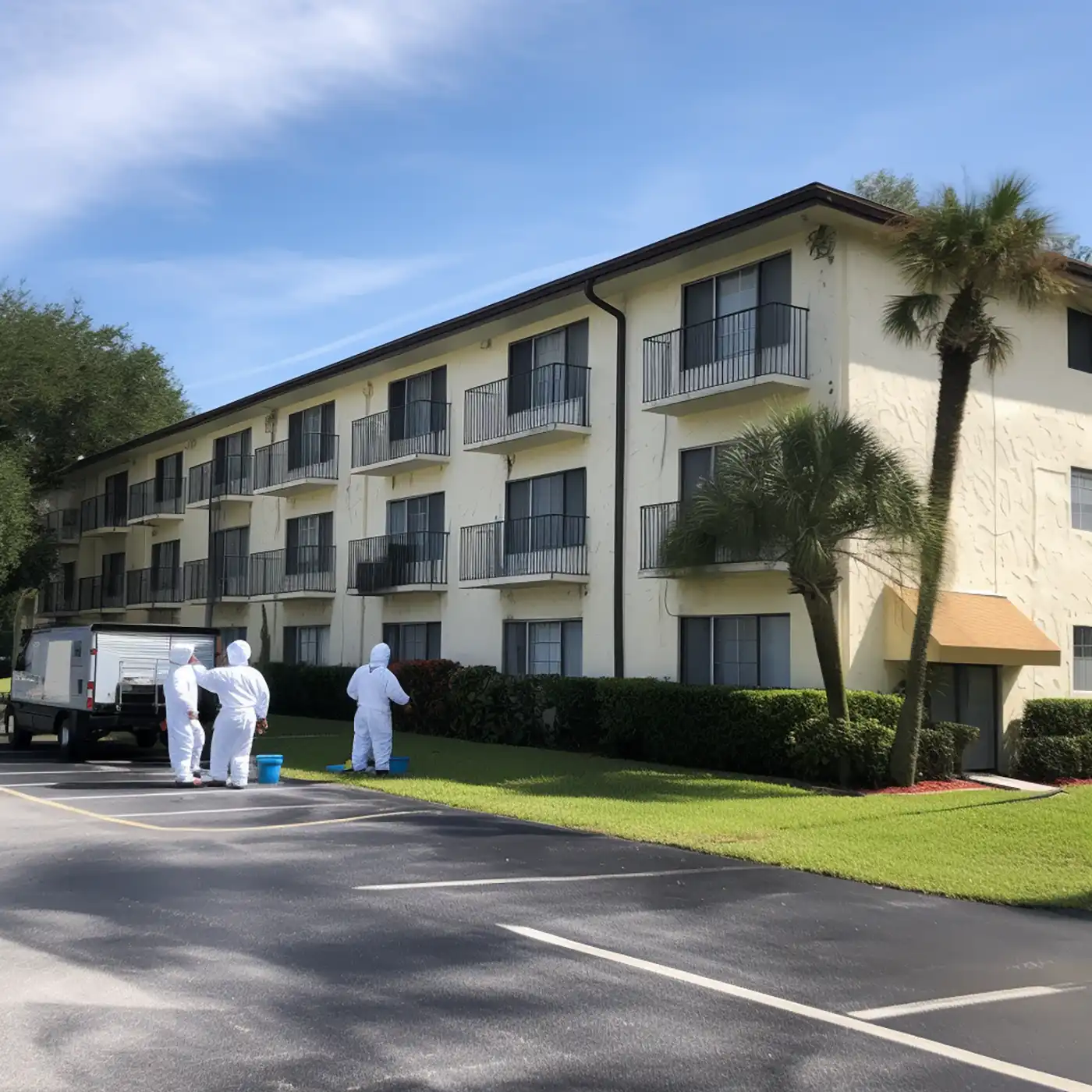 An apartment complex being treated for bed bugs by pest exterminators.