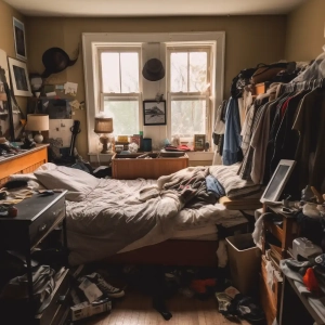 A cluttered bedroom where bed bugs like to hide.