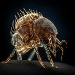 A flea shown under a microscope in great detail.