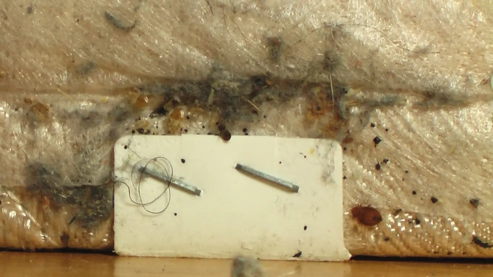 Close up of a mattress showing where bed bugs like to nest.