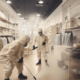 Pest exterminator spraying a clothing store for bedbugs.