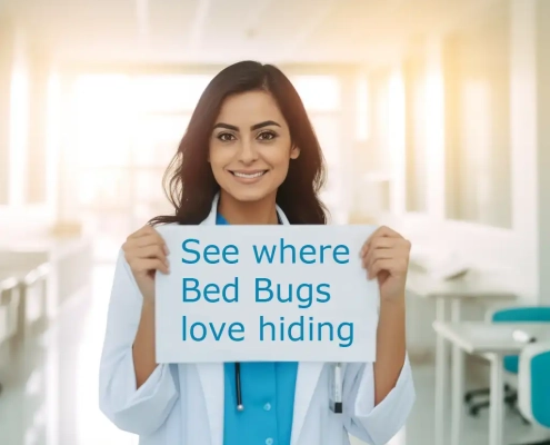 Woman holding sign on how to find bed bugs.