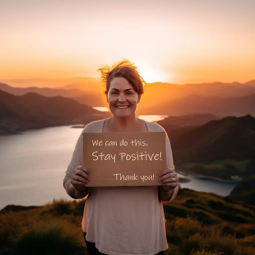 Woman standing with mountains and sunset in background holding a sign to stay positive.